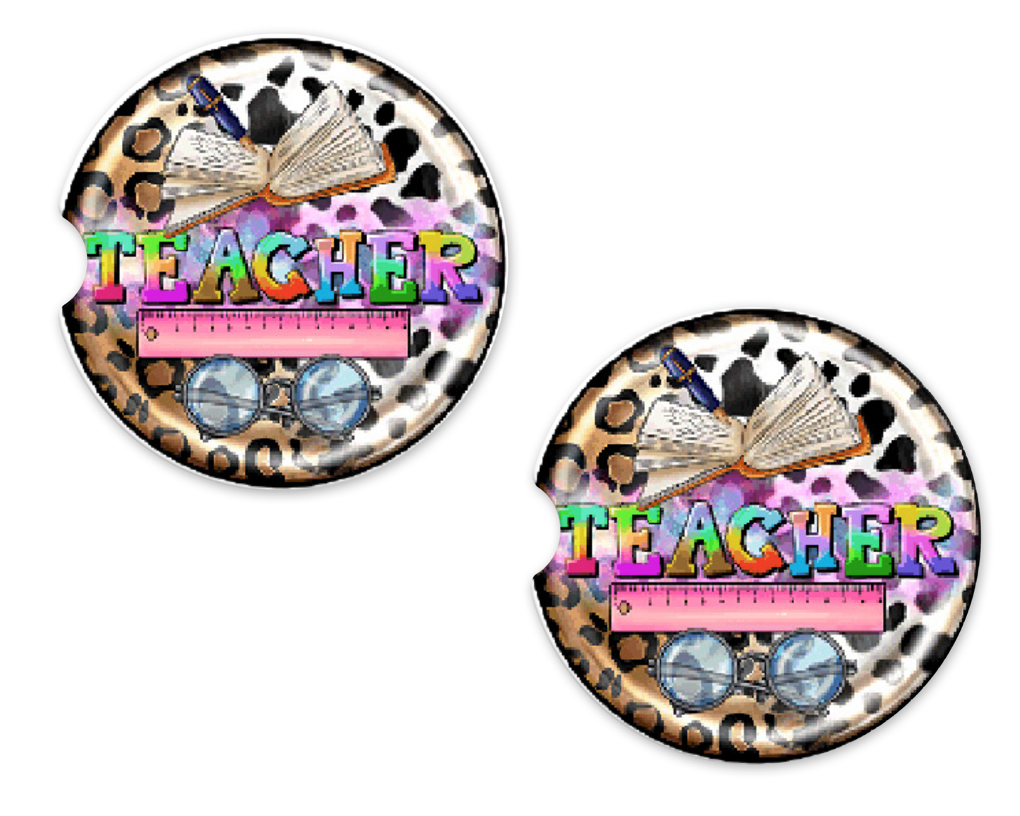 Glasses & Pink Ruler Rainbow Teacher Car Coasters