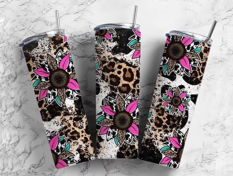 20 oz  Pink & Teal Sunflower Leopard Skinny Tumbler