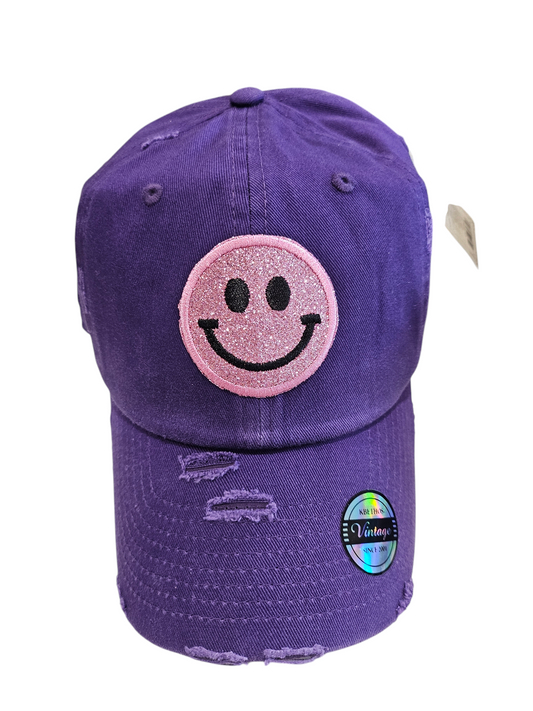 Vintage Purple Glitter Pink Smiley Ball Cap