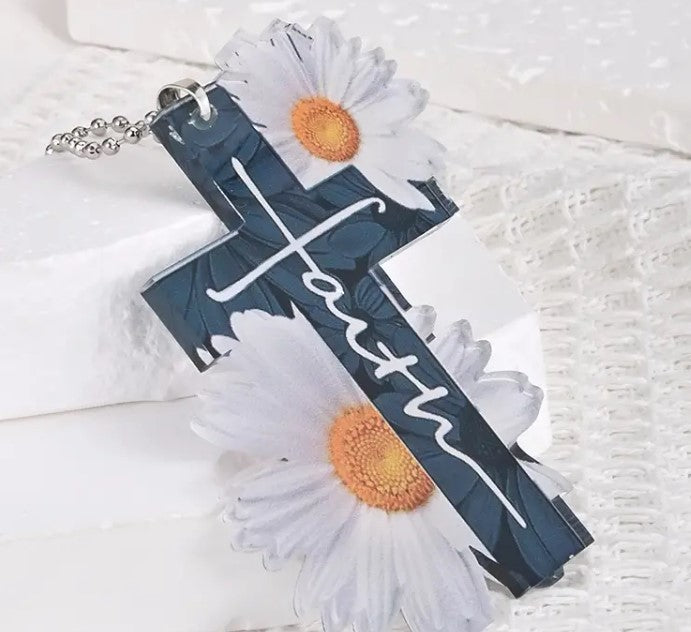 Acrylic Faith Cross with Daisy Car Charm