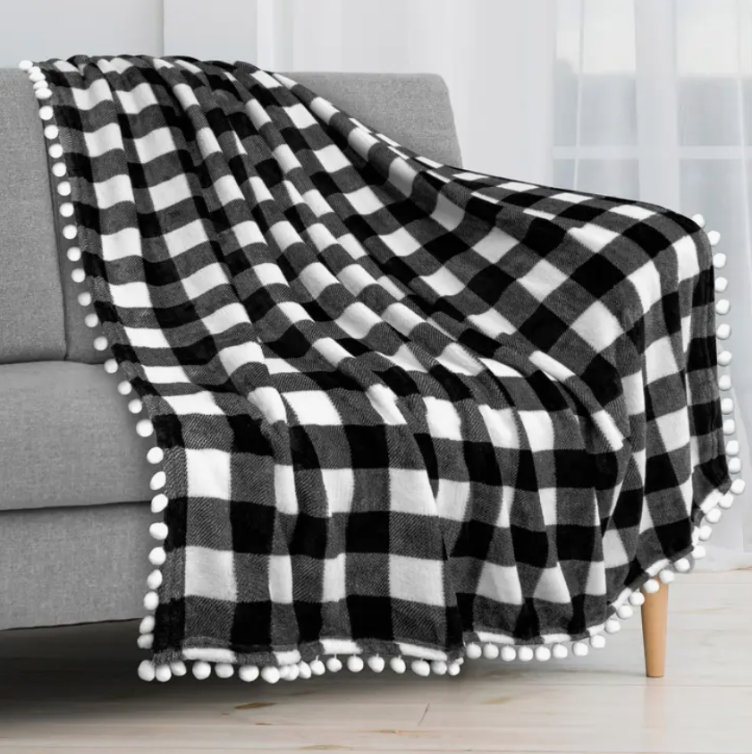 White Checkered Pom Pom Fringe Throw 50" x 60"
