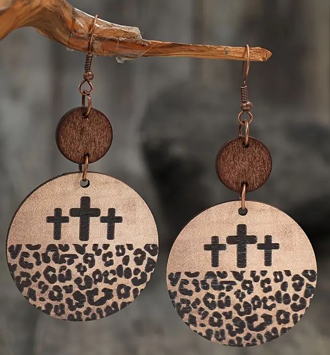 Round Leopard Cross Wood Earrings