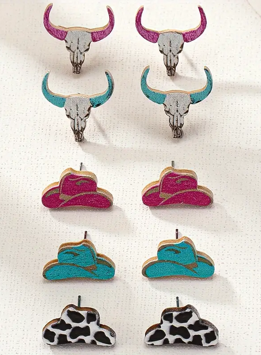 Set of 5 Cowgirl Icon  Wood Earrings