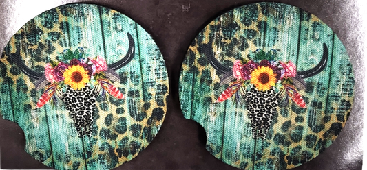 Woodgrain Leopard Bullskull Car Coasters