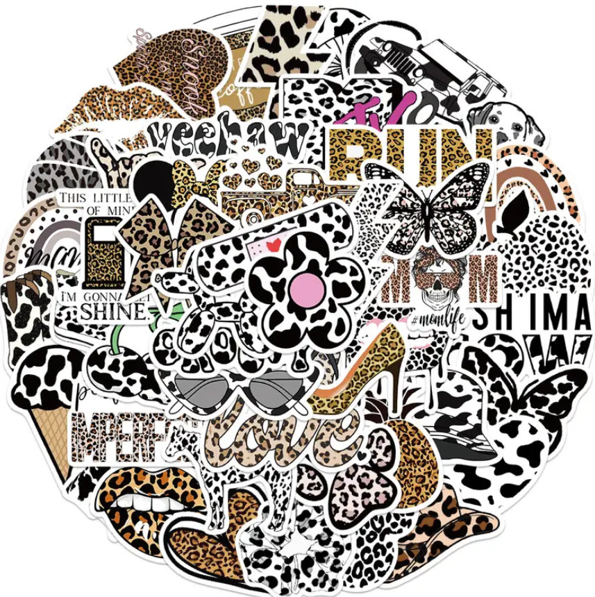 50 Piece Assorted Black and White Leopard Stickers