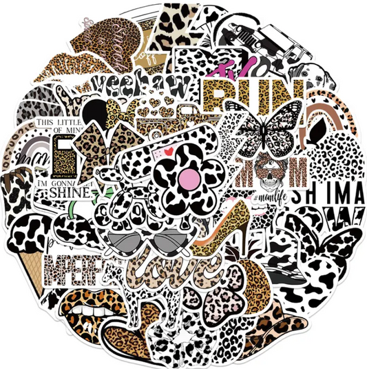 50 Piece Assorted Black and White Leopard Stickers