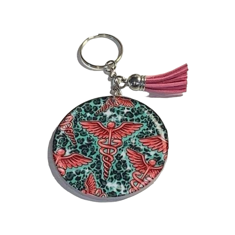 Pink Caduceus & Mint Animal Print Keychain with Tassel