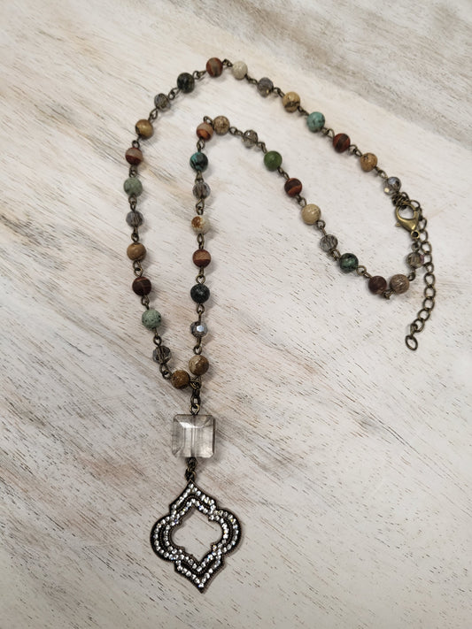 Multi Beaded & Brown Crystal Chain w/ Smoky Square & Crystal Pendant