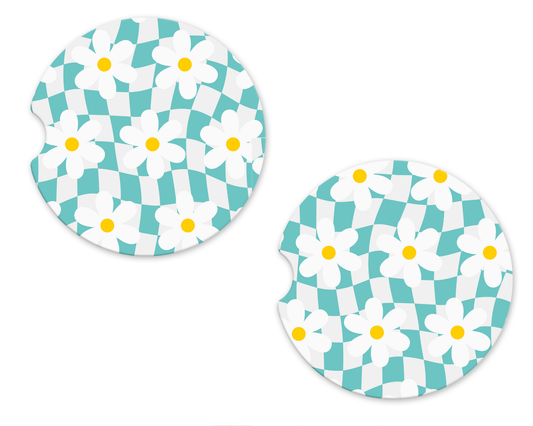 Blue Daisy Check Car Coasters
