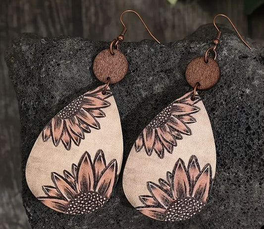 Droplet Sunflower Wood Earrings