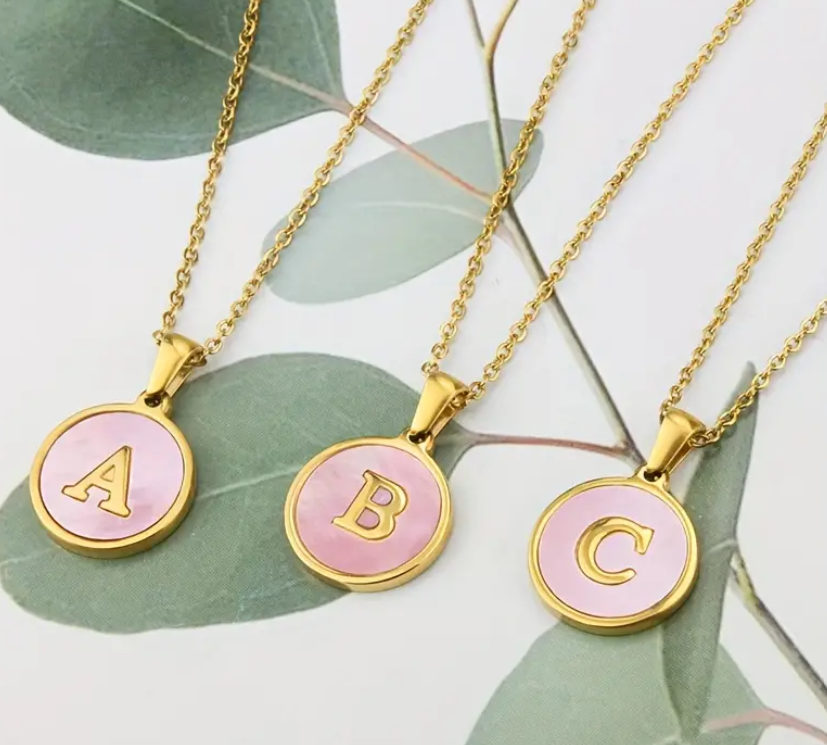 Stainless Steel Pink Shell Initial  Pendant Necklace