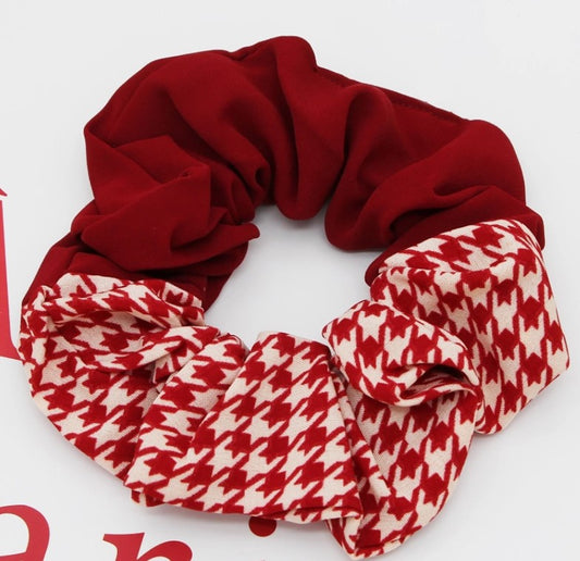 Houndstooth/ Solid Color Faux Silk Scrunchie