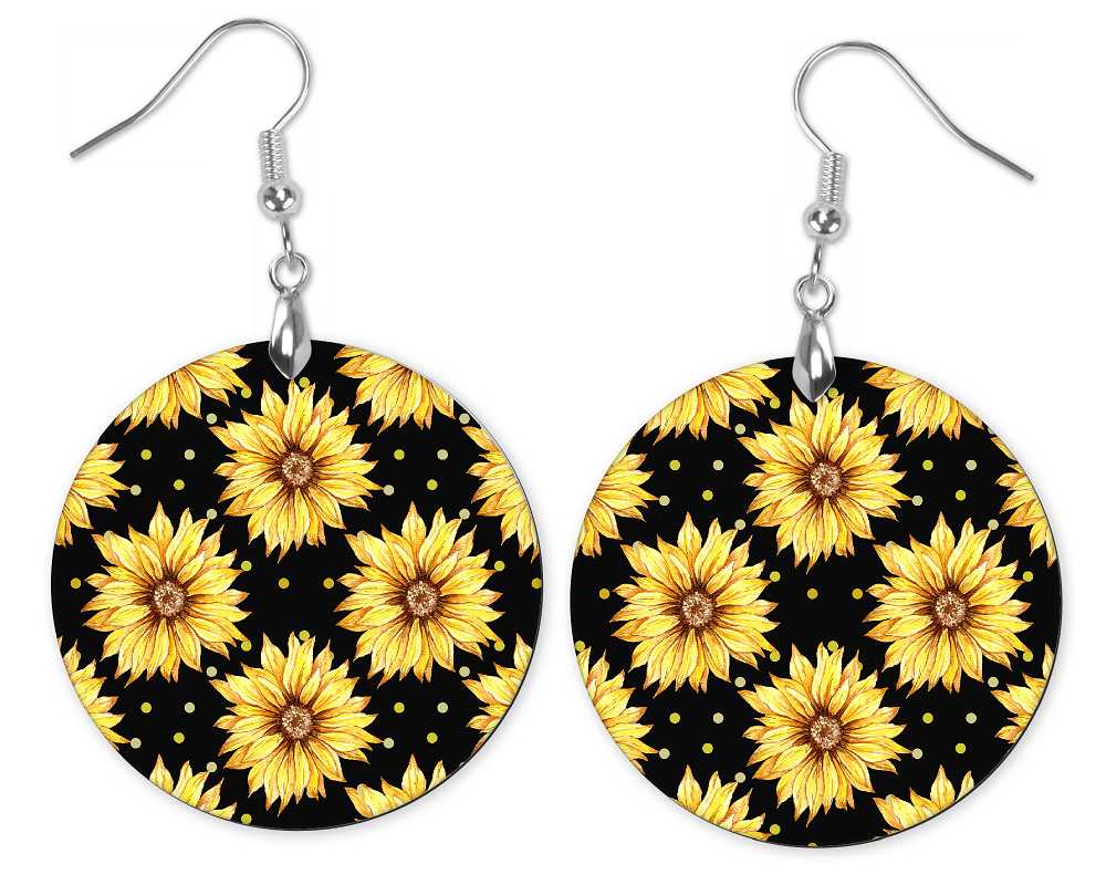 Round Black with Sunflower Earrings