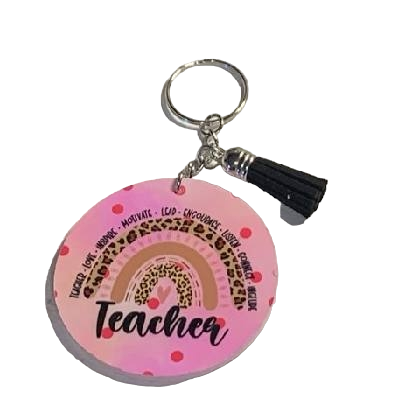 Pink Rainbow Teacher Buzz Words Key Chain with Tassel