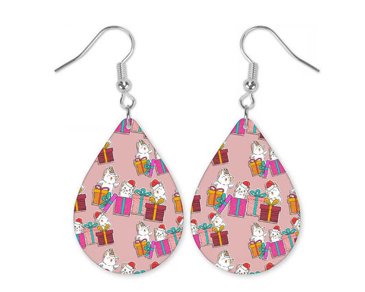 Cute Kitties and Christmas Presents Pink earrings