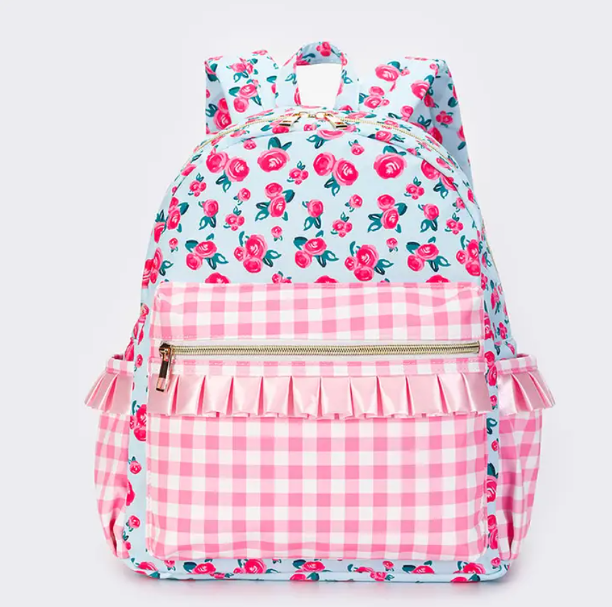 Pink Checkered Girls Ruffle Backpack