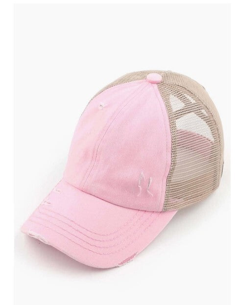 C.C Washed Denim with Crossed Elastic Band Mesh Pony Cap