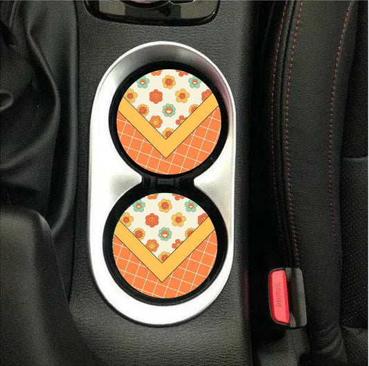 Retro Orange and Yellow Little Smiley Flower Car Coasters