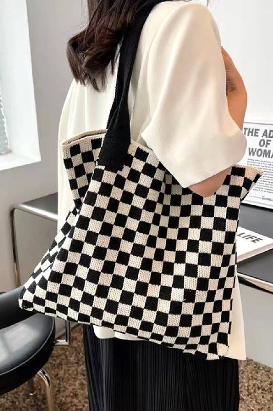 Checkered Crochet Knitted Canvas Commuter Bag