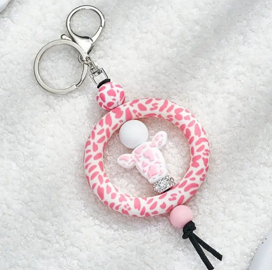 Silicone Round Pink Cow Head with Asst. Beads Keychain