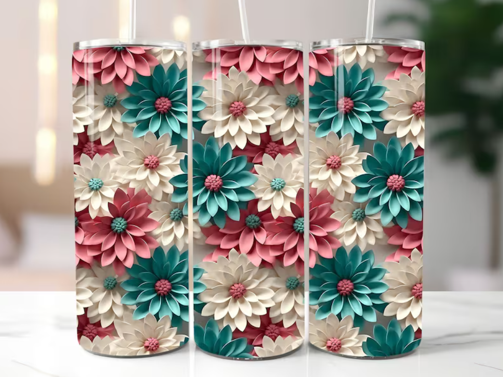 3D Pink, Ivory, Mint Flowers Skinny Tumbler