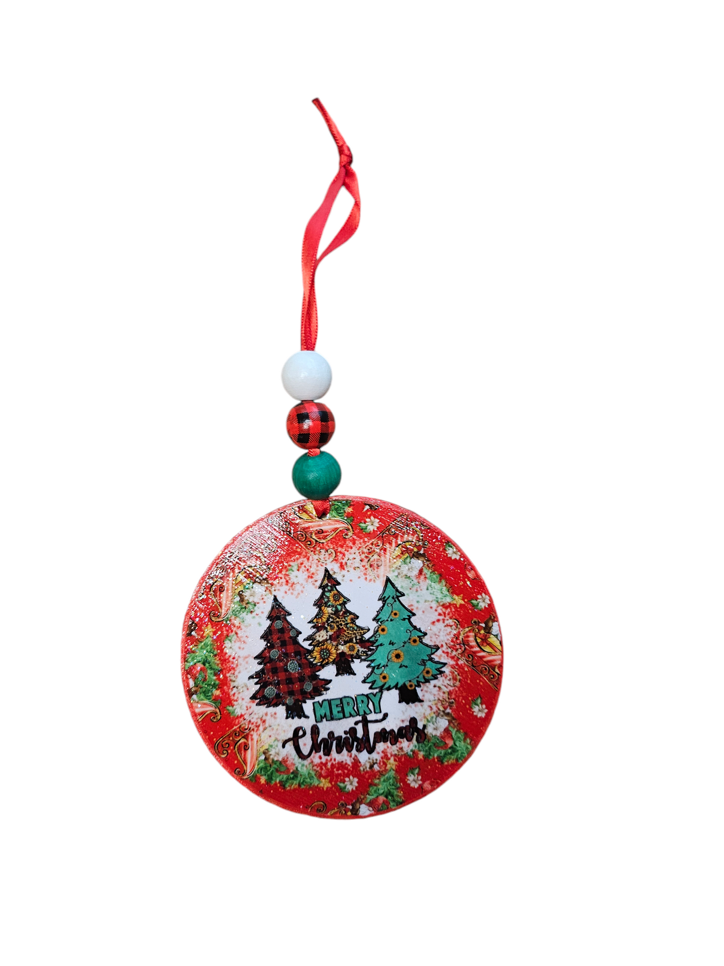 Beaded Sprucey Merry Christmas Wood Ornament