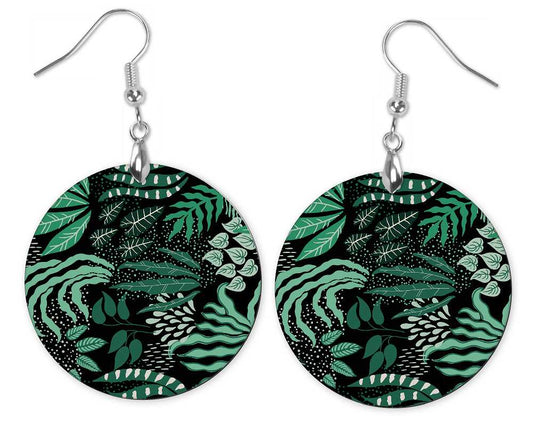 Round Black with Green Floral Detail Earrings