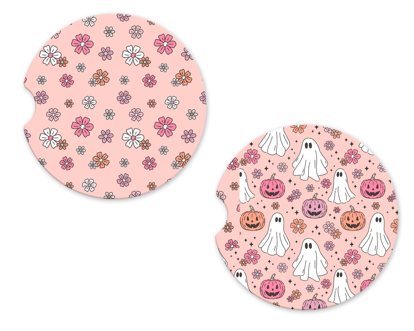 Kawaii Pink Pumpkins and Dainty Flowers Car Coasters