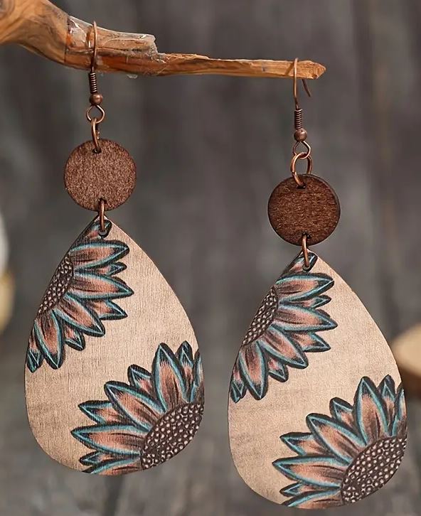 Droplet Sunflower Wood Earrings