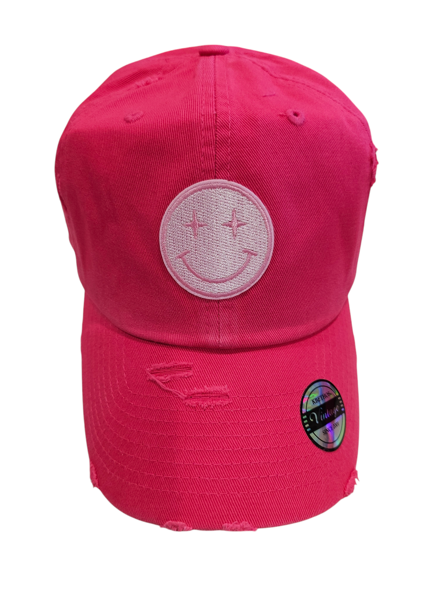 Hot Pink Vintage Embroidered Pink Smiley Ball Cap