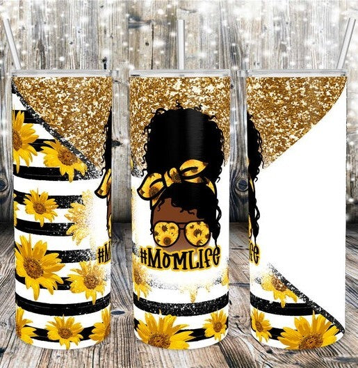 Sunflower Curly Hair Mom Life Skinny Tumbler