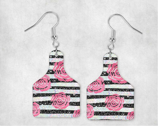 Rose Stripe Cow Tag Earrings