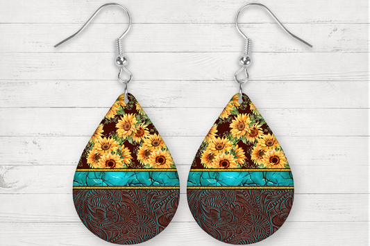 Tooled Sunflower Tear Drop Earrings