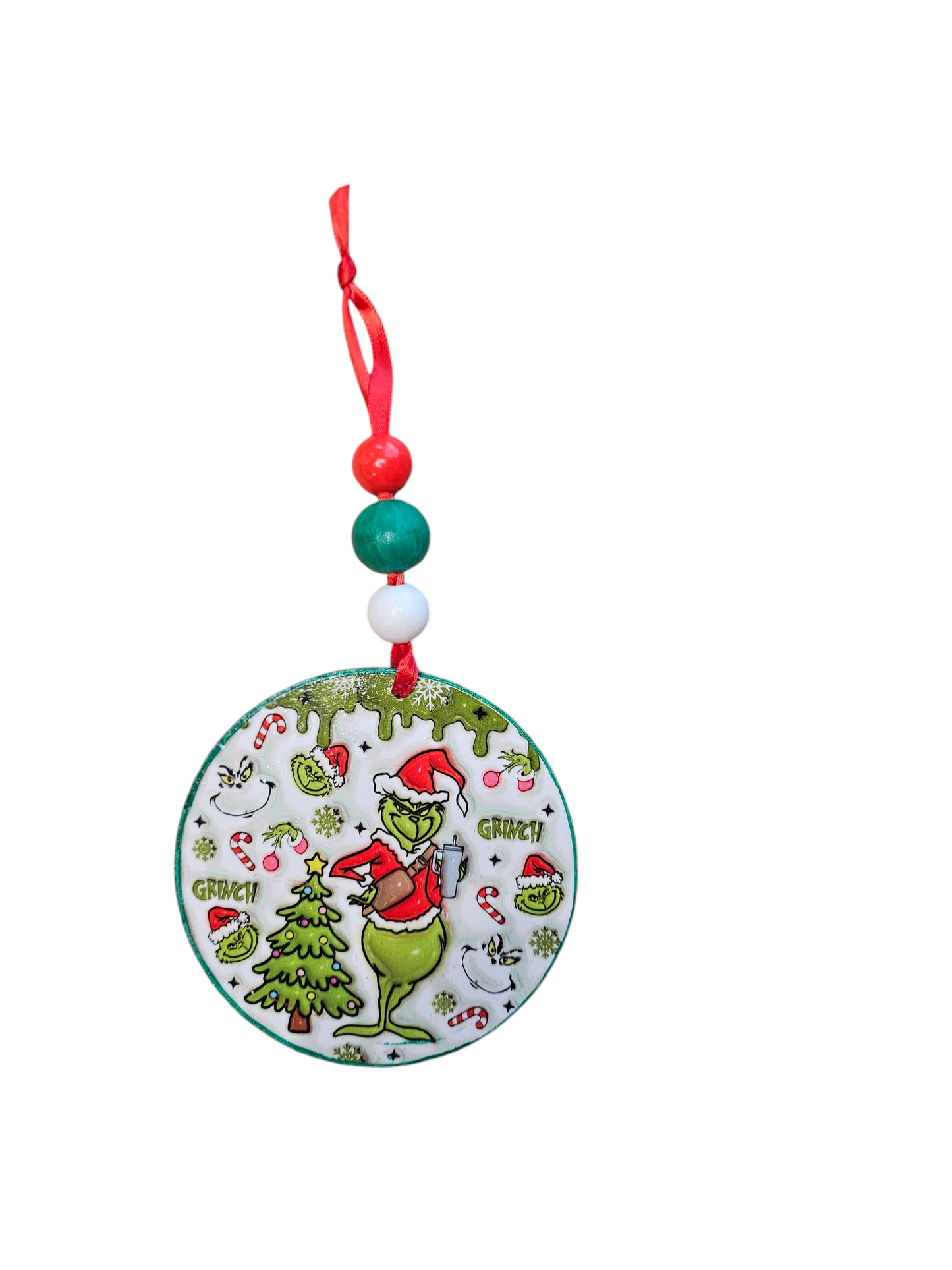 Beaded Drip Grinch Wood Ornament