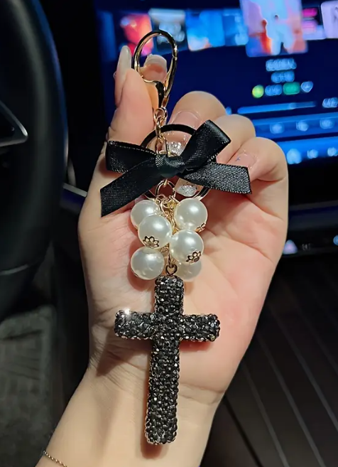 Crystal Cross With Pearls &  Coquette Bow Keychain