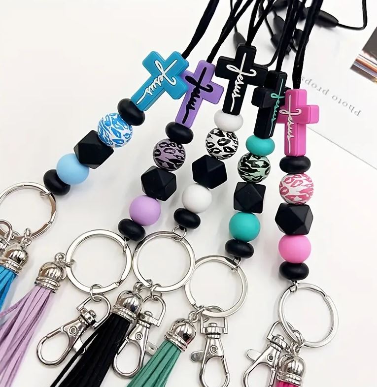 Silicone Cross  Bead Rope ID Necklace Keychain