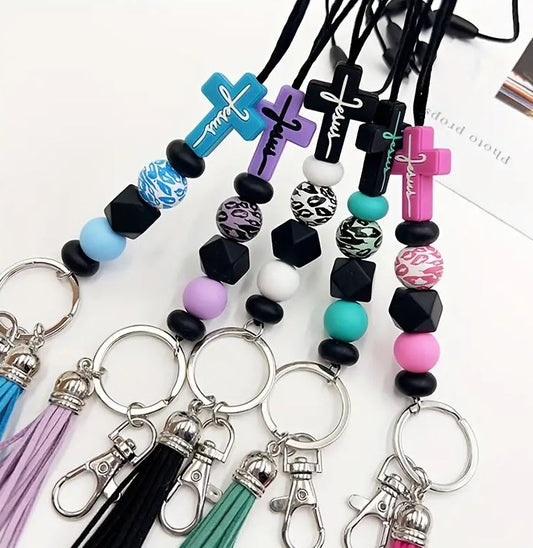 Silicone Cross  Bead Rope ID Necklace Keychain