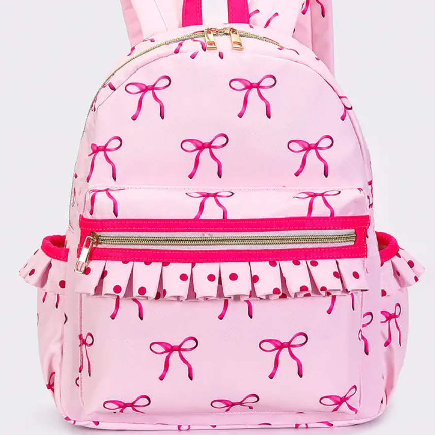 Bow Print Girls Ruffle Backpack