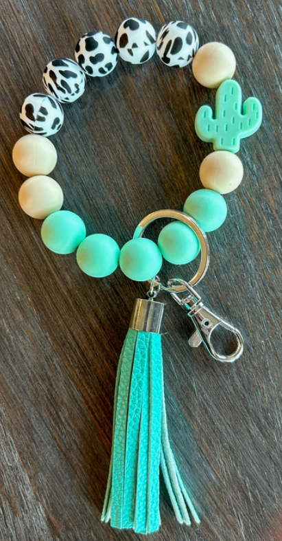 Cactus Silicone & Wood Bead Western Keychain