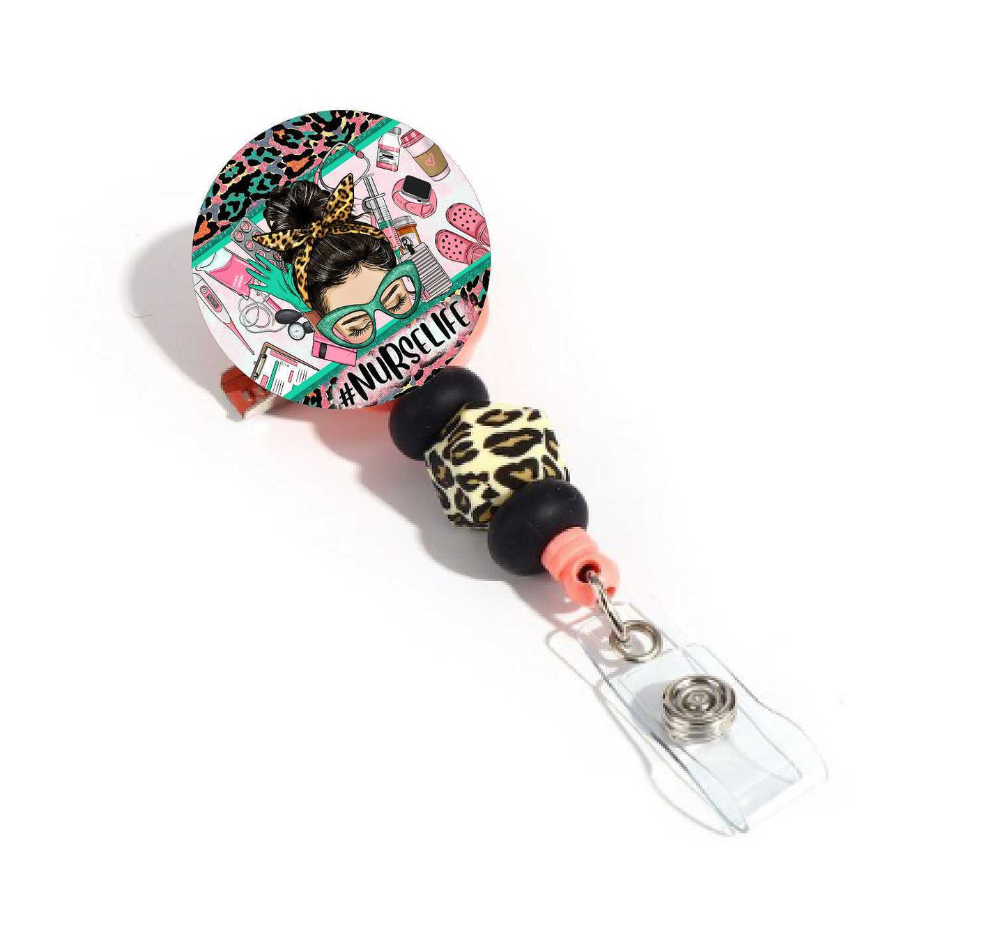 Nurselife Leopard Silicone Beaded Badge Reel