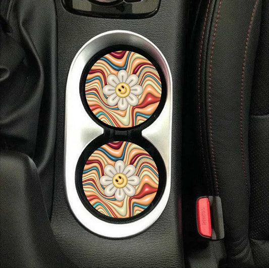 Smiley Daisy with Multi Color Waves Car Coasters