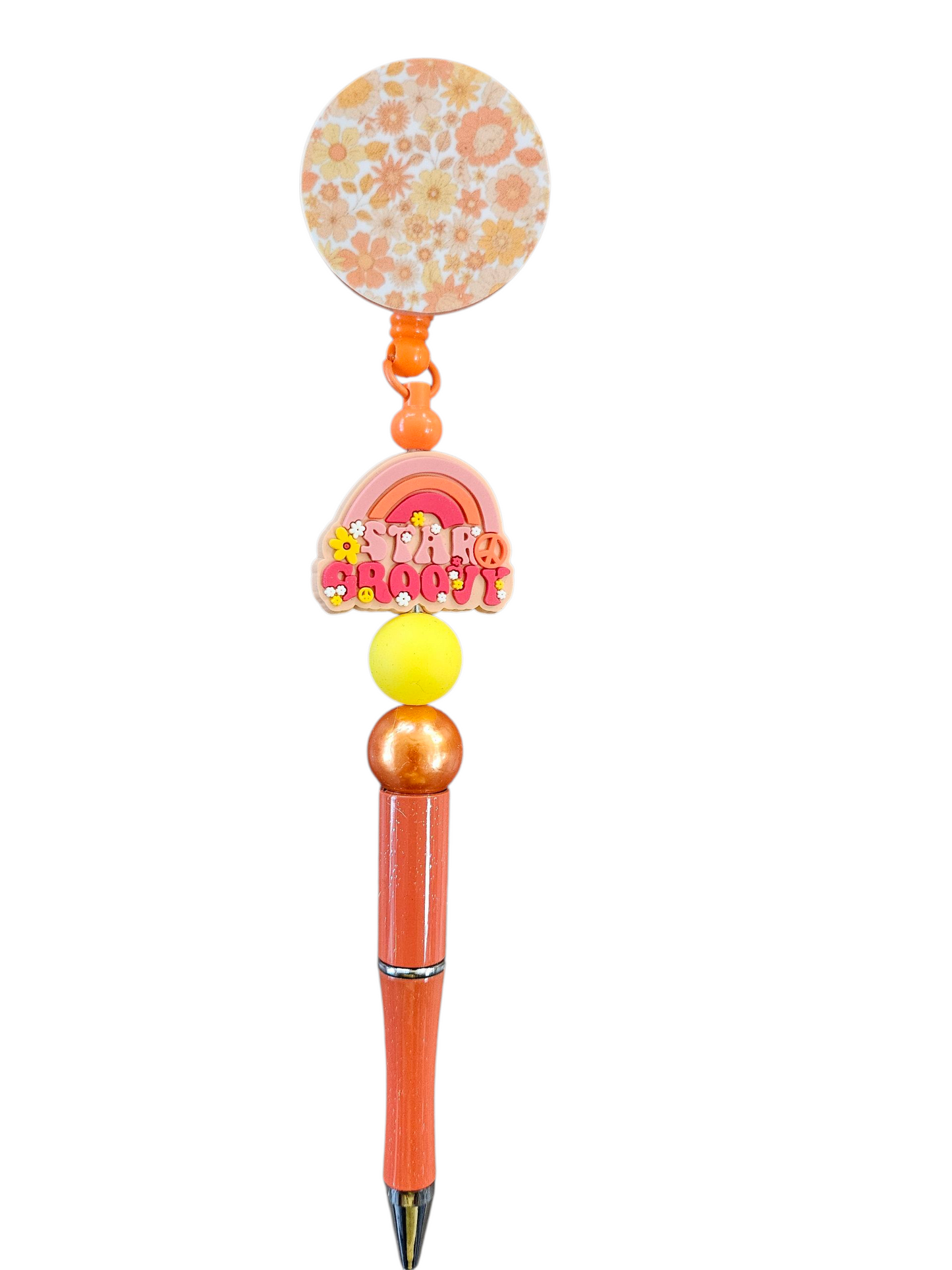 Pattern Badge Reel With Beaded Pen