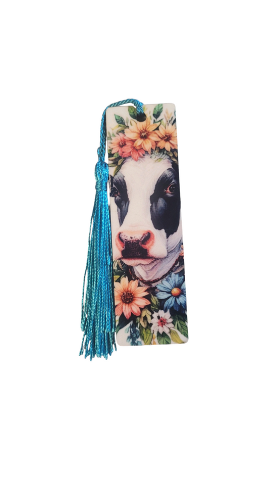 4 Inch Multi Floral Black and White Cow Bookmark