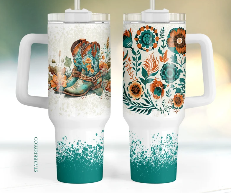 40oz. Flowers and Boots Tumbler with Handle
