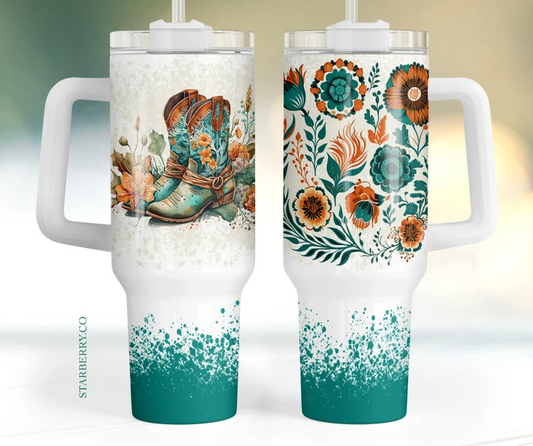40oz. Flowers and Boots Tumbler with Handle