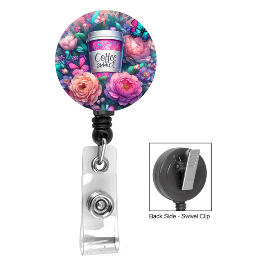 Coffee Addict Floral Pattern Badge Reel
