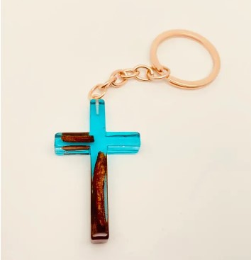 Teal Resin Flower Cross Keychain