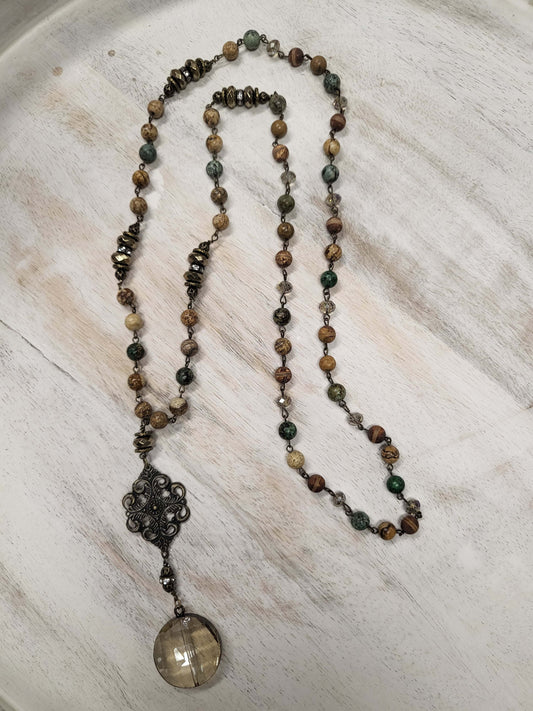 Multi Color/Clear Beaded NK w/ Beveled Pendant