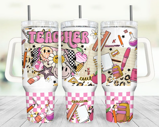 Pink Groovy Smiley Teacher 40 oz. Tumbler with Handle