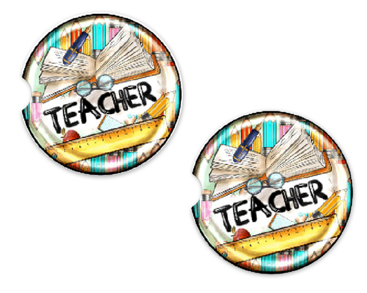 Pen & Yellow Ruler Teacher Pencils Background Car Coasters
